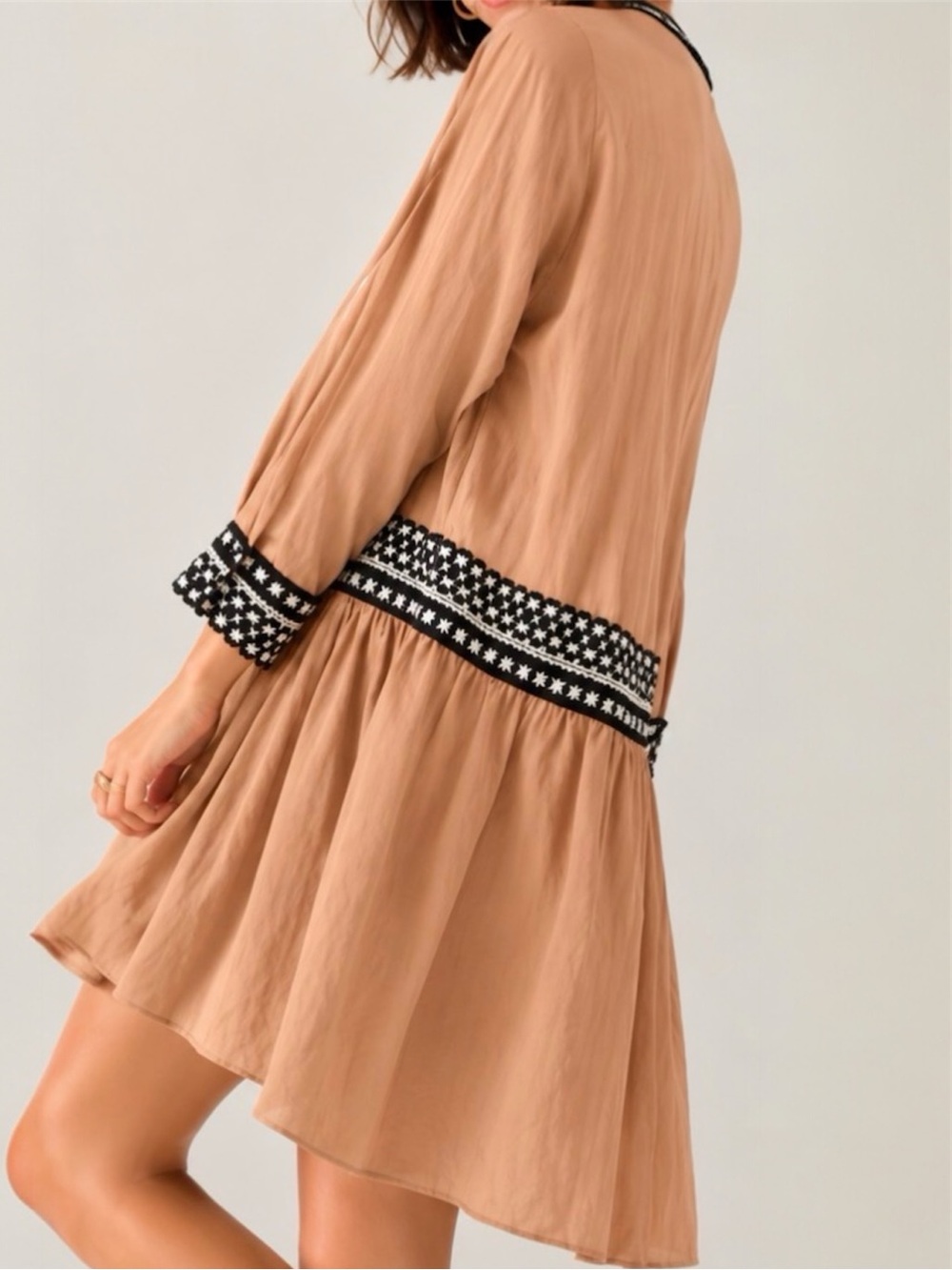 Zara Linen Blend Embroidered Tunic Dress Large Boho Hi-Low Beige Burnt Orange - Picture 10 of 11